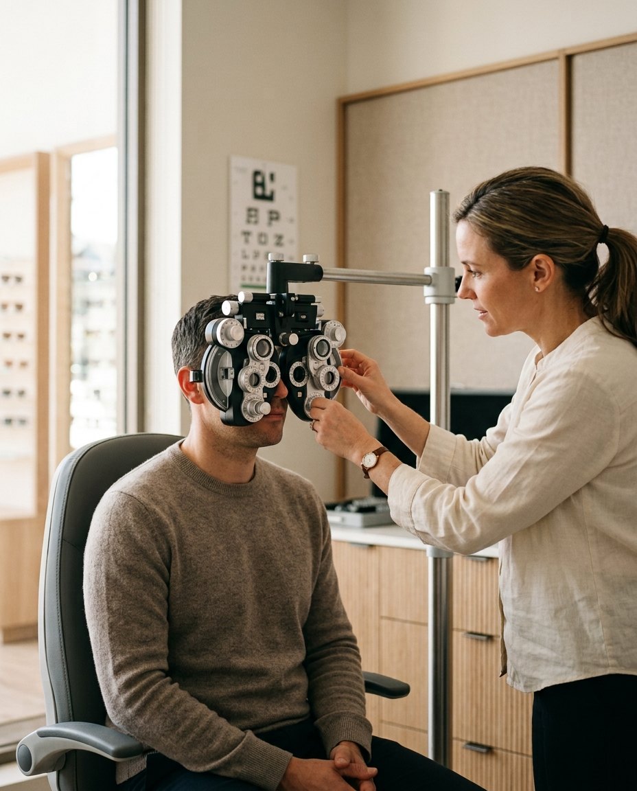 Optometrysta wykonujący badanie wzroku przy foropterze w gabinecie optycznym